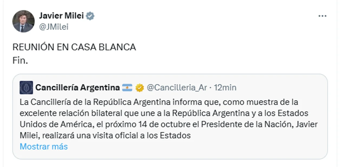 El mensaje del presidente Javier Milei en X para confirmar su visita a Estados Unidos para mediados de octubre. El mensaje del presidente Javier Milei en X para confirmar su visita a Estados Unidos para mediados de octubre.