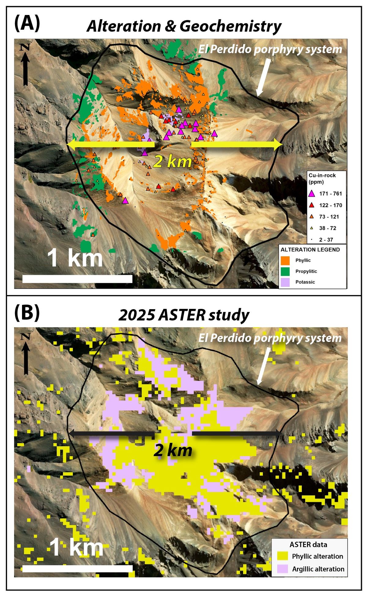 Resultados del estudio ASTER en El Perdido, proyecto minero de la canadiense Kobrea en Malargüe.