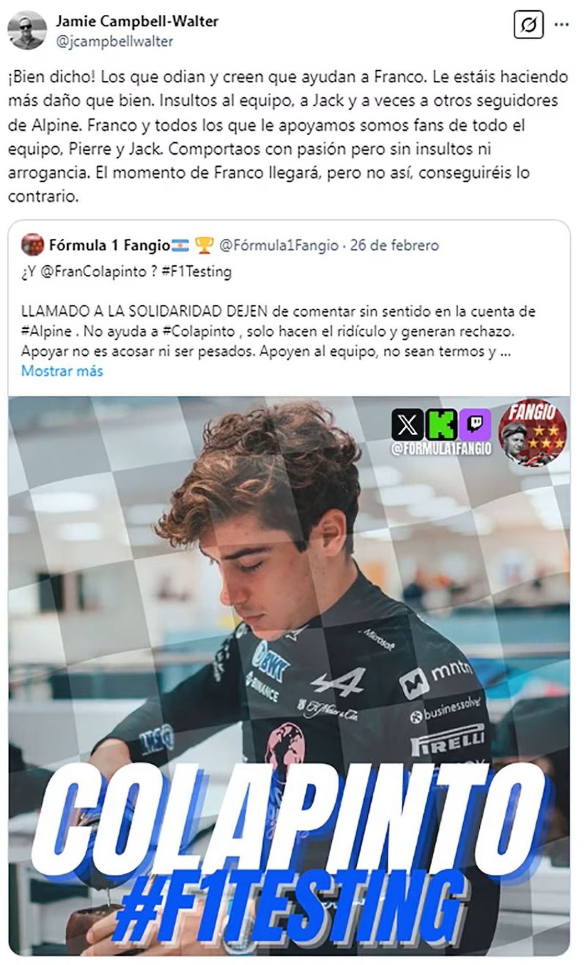 El mensaje del mánager de Colapinto en las redes. El mensaje del mánager de Colapinto en las redes.