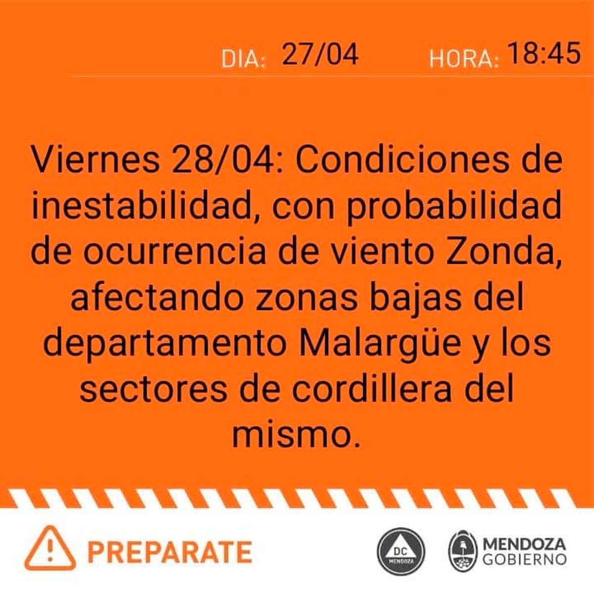 Defensa Civil emitió alerta naranja para la provincia de Mendoza.