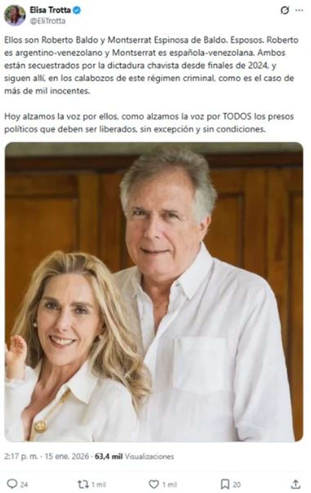 Roberto Baldo y su esposa, detenidos en Venezuela.&nbsp;