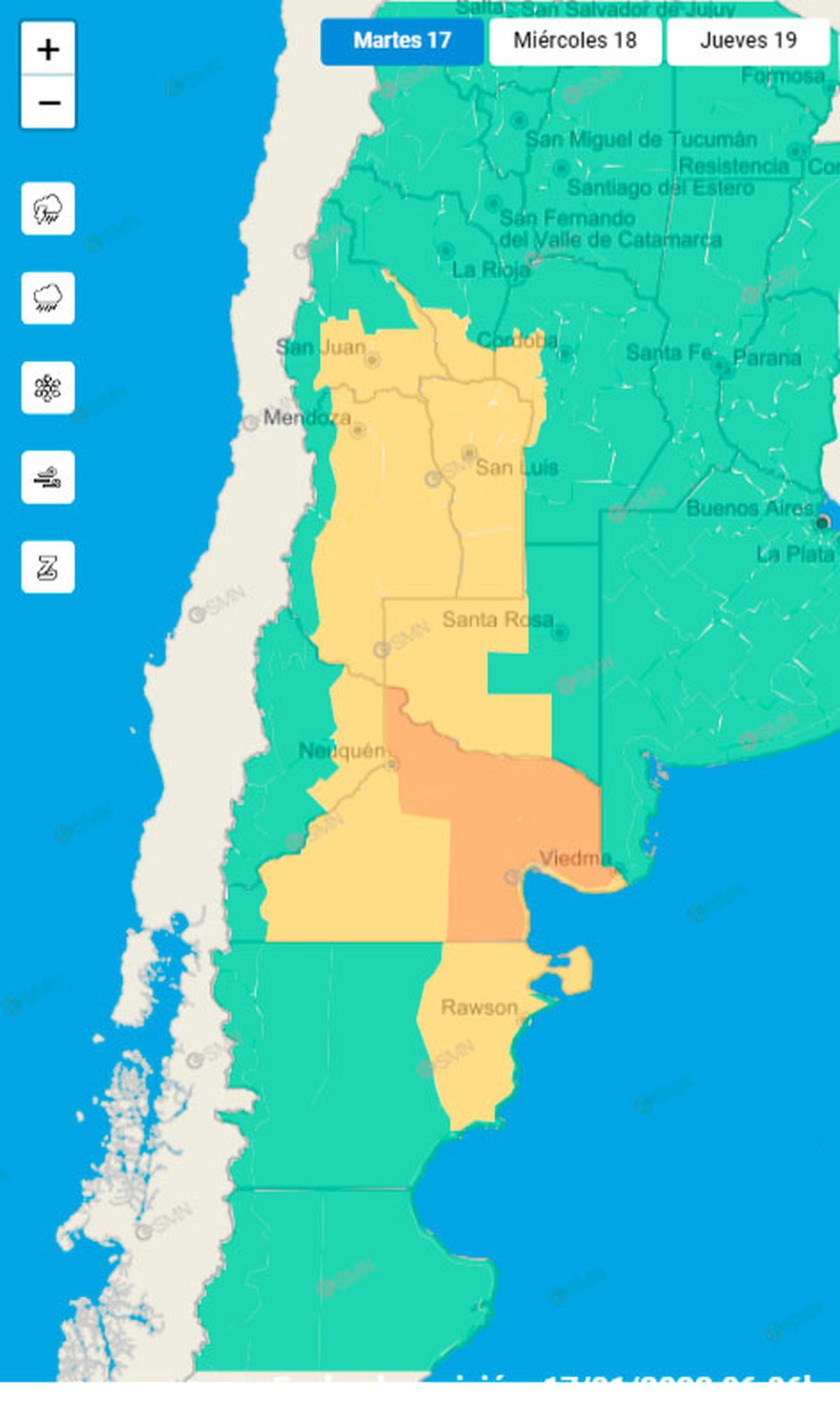 Mapa del SMN con las alertas amarillas y naranjas para algunas provincias de Argentina.