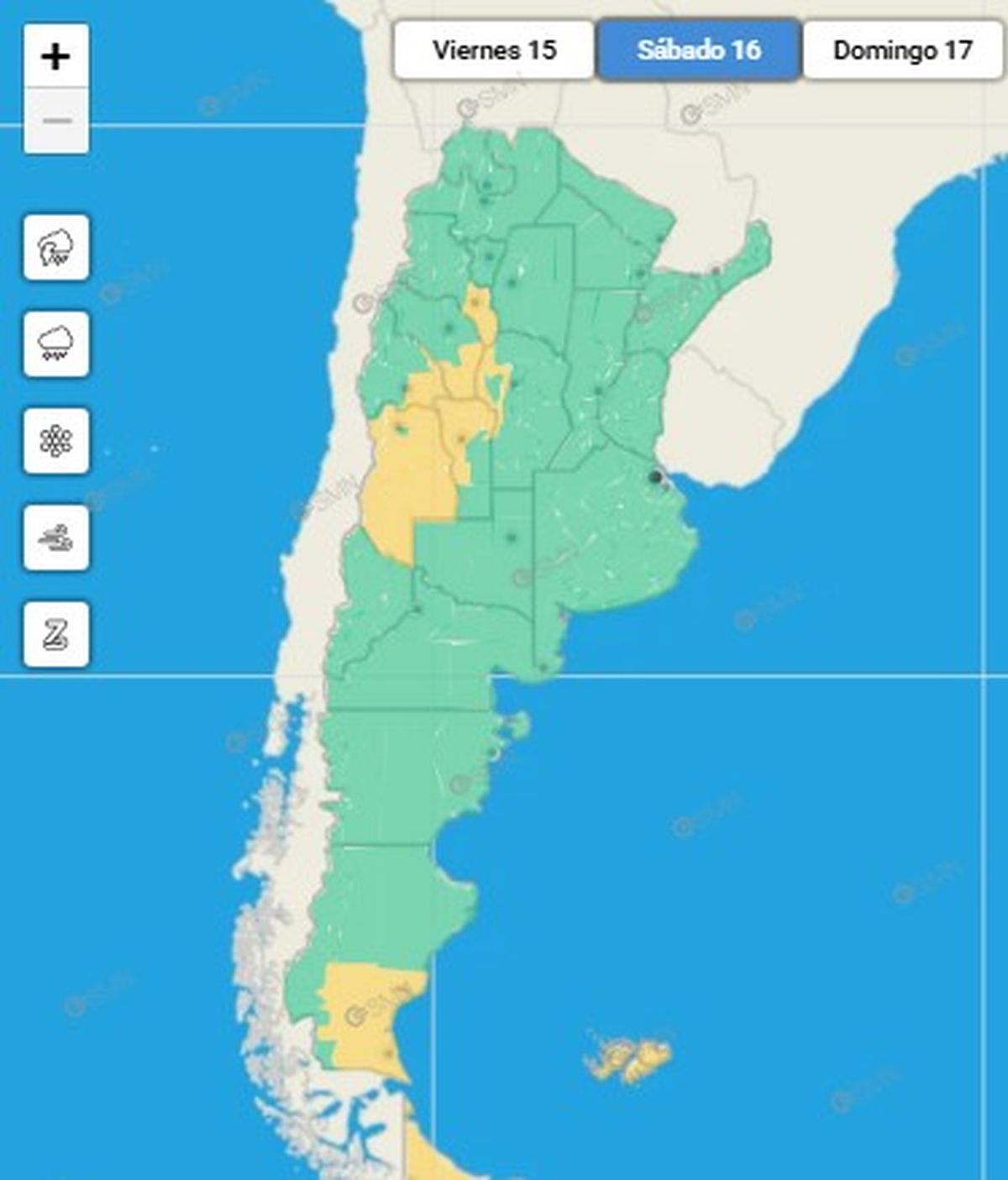 Así reflejó el SMN la alerta amarilla por nevadas en casi toda la provincia de Mendoza, con excepción de la zona metropolitana. Así reflejó el SMN la alerta amarilla por nevadas en casi toda la provincia de Mendoza, con excepción de la zona metropolitana.