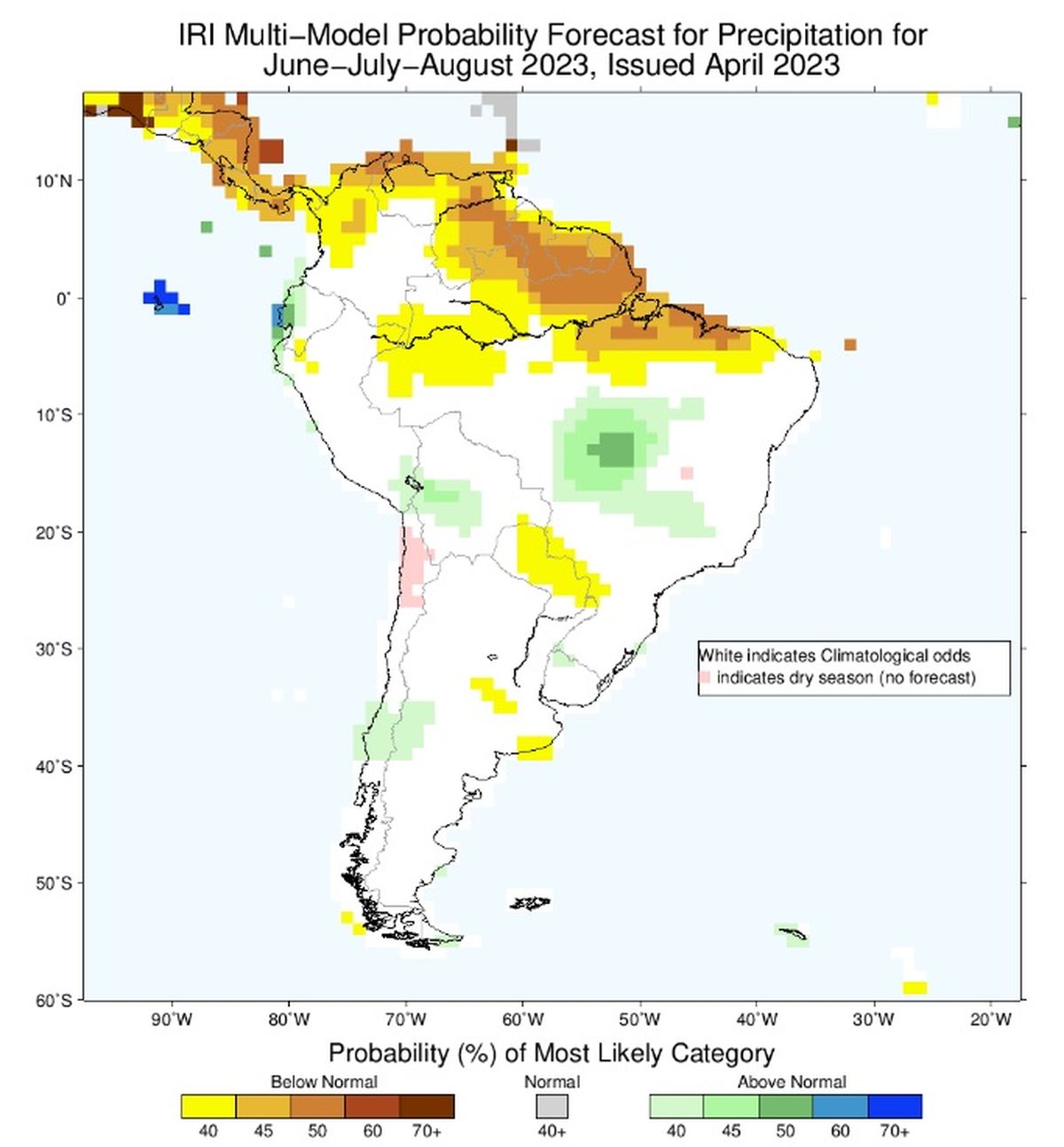 Pronóstico de precipitaciones para junio, julio y agosto del Instituto Internacional de Investigación para el Clima y la Sociedad (IRI) de la Universidad de Columbia.