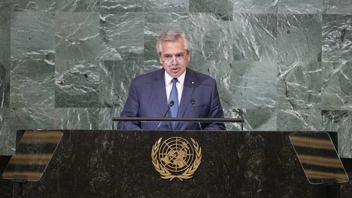 El presidente Alberto Fernández durante su discurso de este martes ante la Asamblea General de las Naciones Unidas.