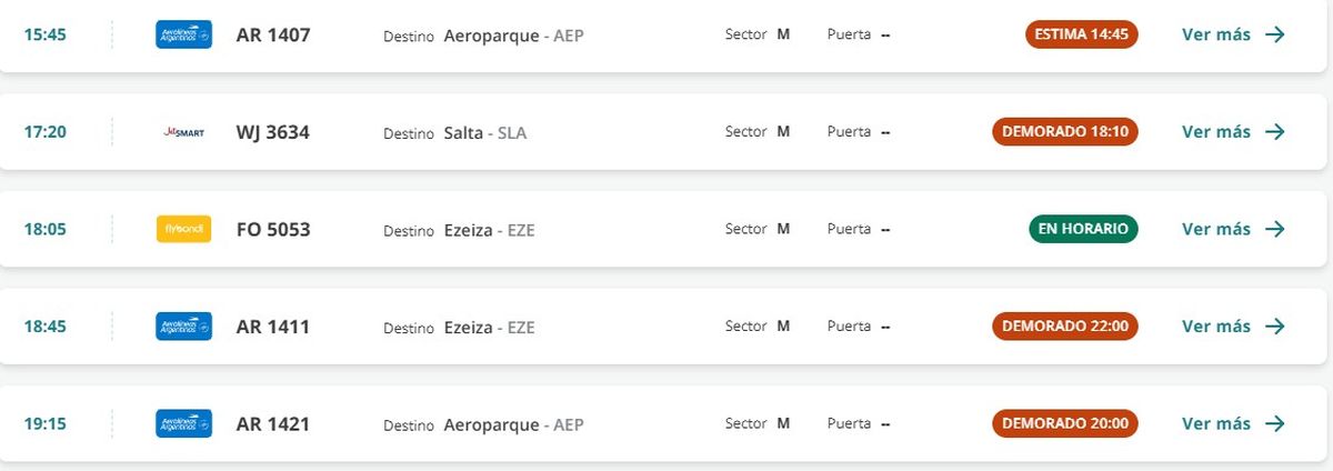 Captura de pantalla de Aeropuertos Argentina de vuelos que parten de Mendoza. Captura de pantalla de Aeropuertos Argentina de vuelos que parten de Mendoza.