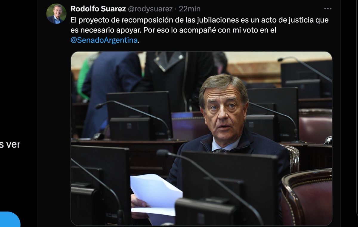La publicación de Rodolfo Suarez en redes poara explicar porqué votó a favor de la nueva fórmula de movilidad jubilatoria. La publicación de Rodolfo Suarez en redes poara explicar porqué votó a favor de la nueva fórmula de movilidad jubilatoria.
