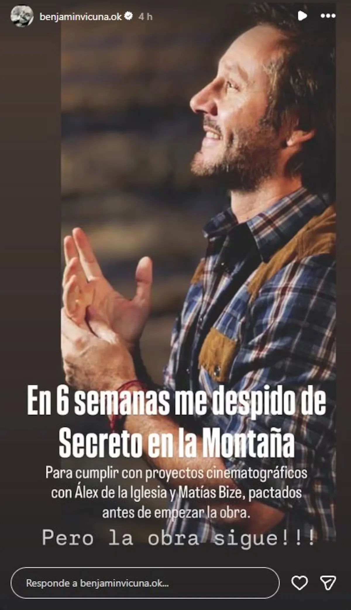 Benjamín Vicuña anunció su salida de Secreto en la Montaña. Benjamín Vicuña anunció su salida de Secreto en la Montaña.
