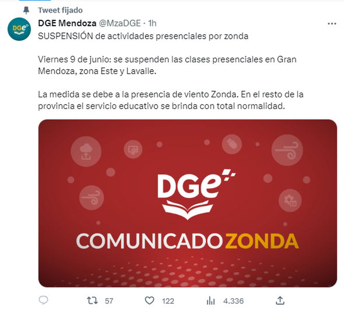 Comunicado oficial de la DGE por la suspensión de clases por el Zonda. Comunicado oficial de la DGE por la suspensión de clases por el Zonda.