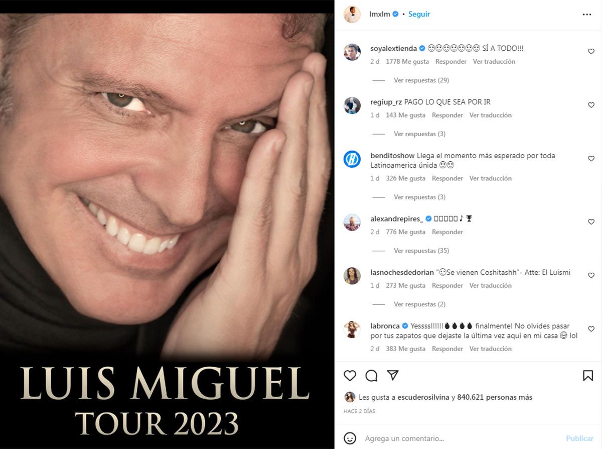 El anuncio del Tour 2023 en el perfil oficial de Instagram de Luis Miguel.