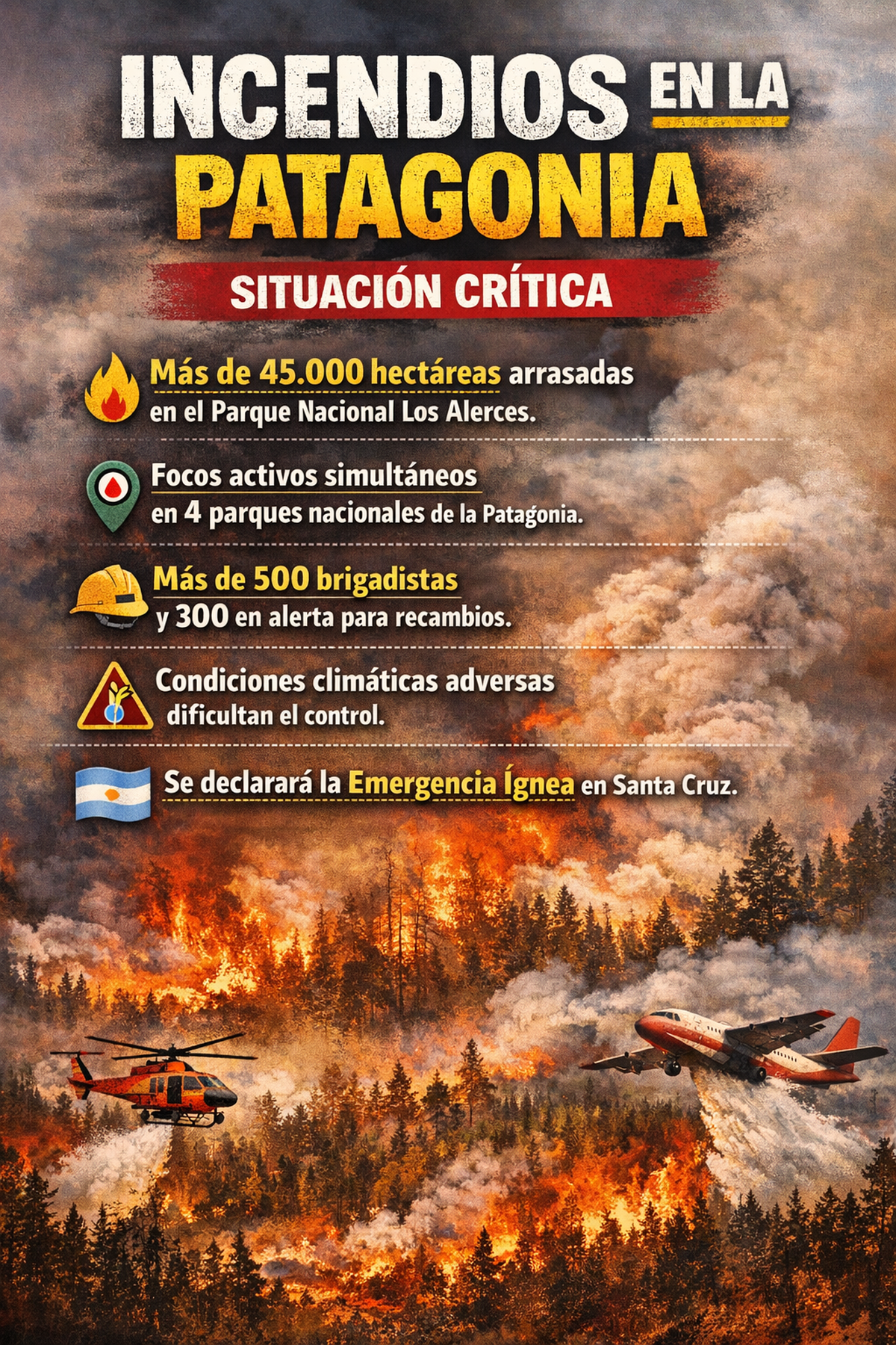 No se avizoran precipitaciones y es alarmante el avance del fuego en distintos puntos de la Patagonia. Miles de hect&aacute;reas son afectadas por los incendios forestales.