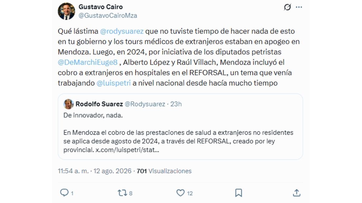 El diputado Gustavo Cairo picanteó a Rodolfo Suarez tras su publicación por el cobro a extranjeros en hospitales de Mendoza. El diputado Gustavo Cairo picanteó a Rodolfo Suarez tras su publicación por el cobro a extranjeros en hospitales de Mendoza.