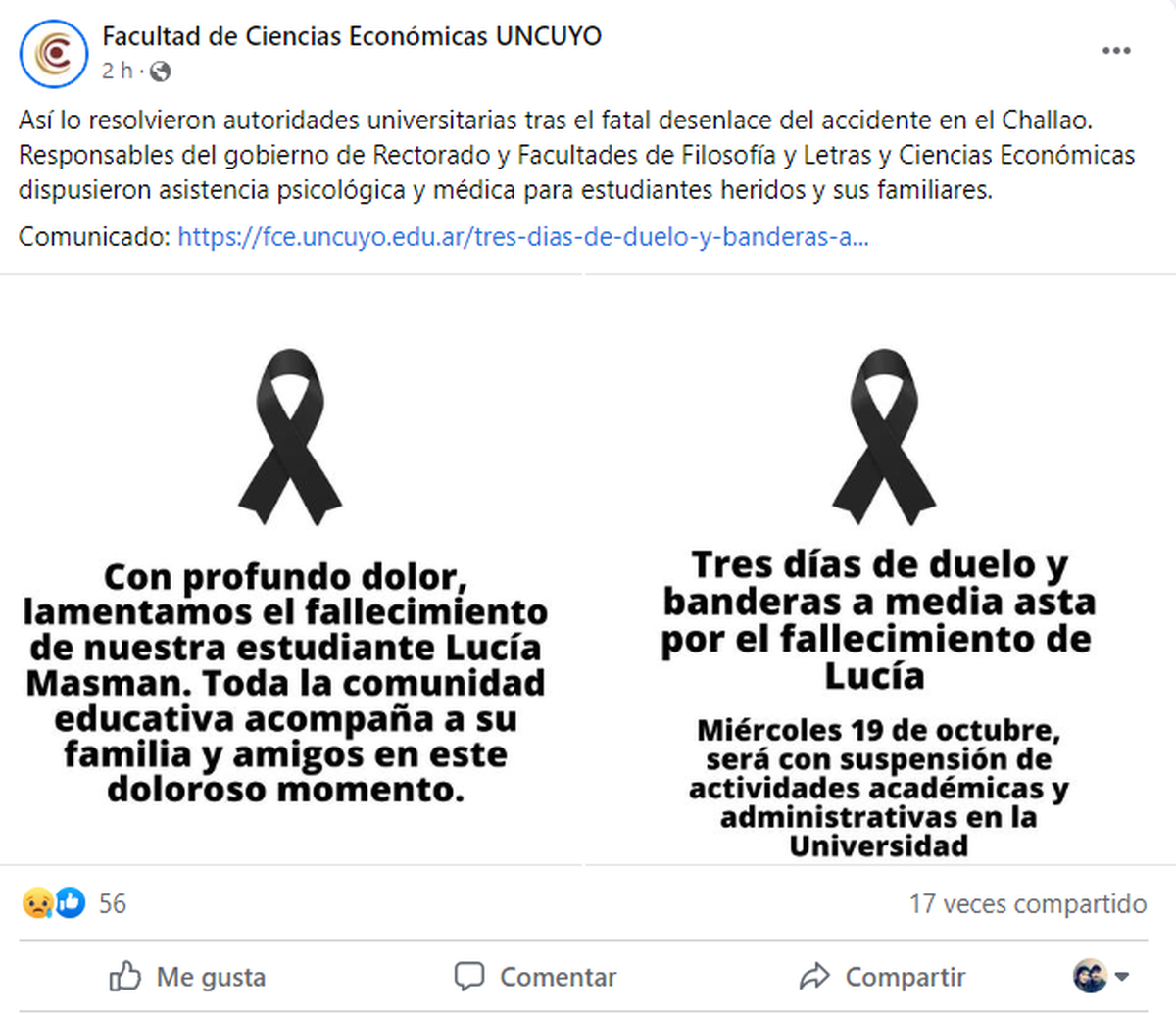 El posteo de la Facultad de Ciencias Económicas UNCuyo en Facebook, tras la muerte de Lucía Masman.