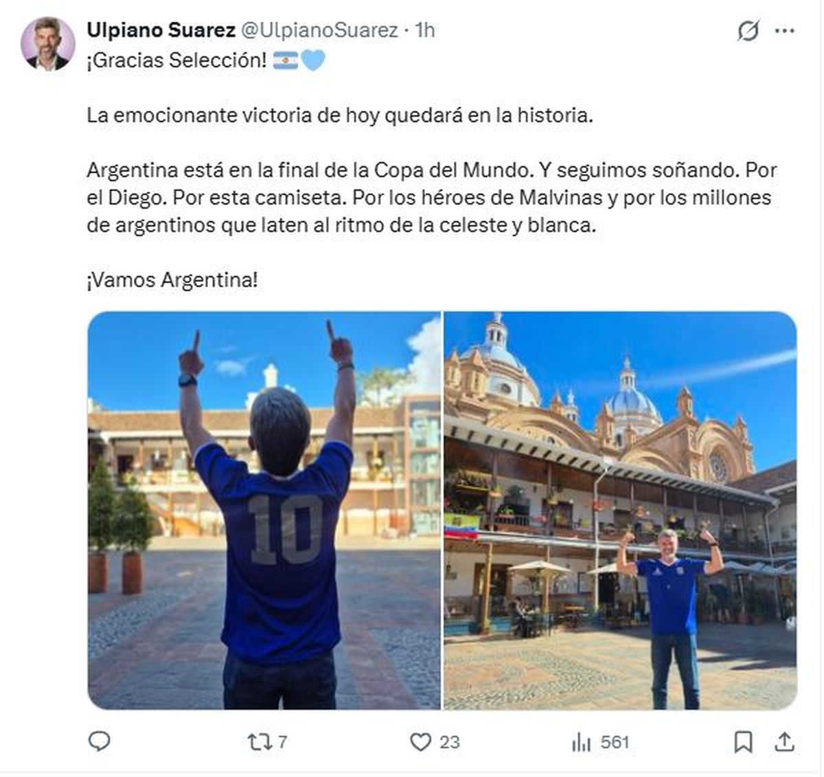 El festejo del intendente de Ciudad, Ulpiano Suarez, en X.