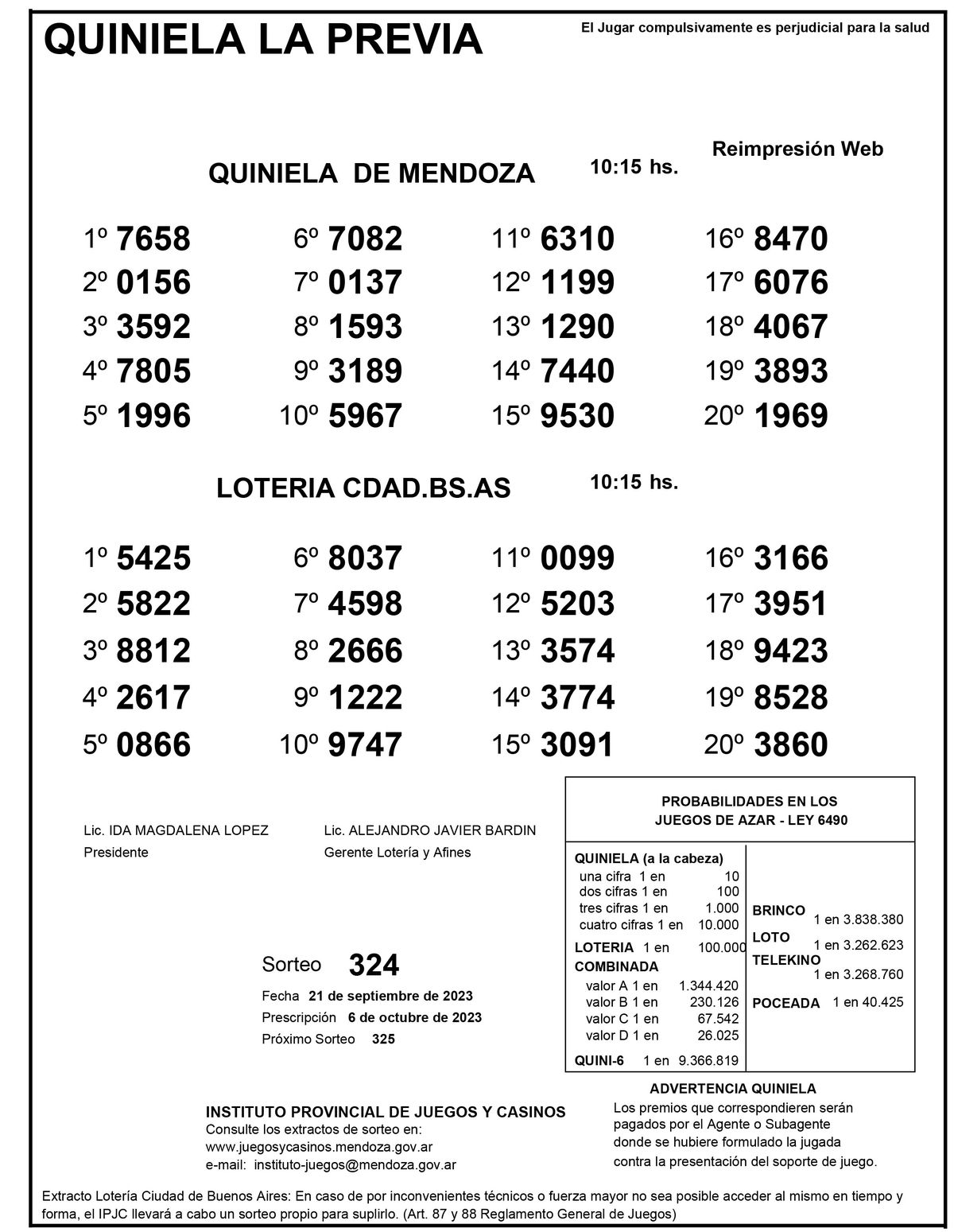 Extracto de la Quiniela de Mendoza en su edición La Previa del jueves 21 de septiembre. Extracto de la Quiniela de Mendoza en su edición La Previa del jueves 21 de septiembre.