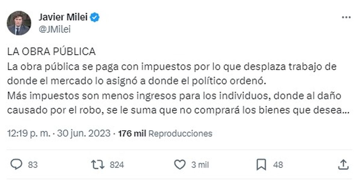 Milei en uno de sus tantos tuits contra el protagonismo estatal en la obra pública. Milei en uno de sus tantos tuits contra el protagonismo estatal en la obra pública.