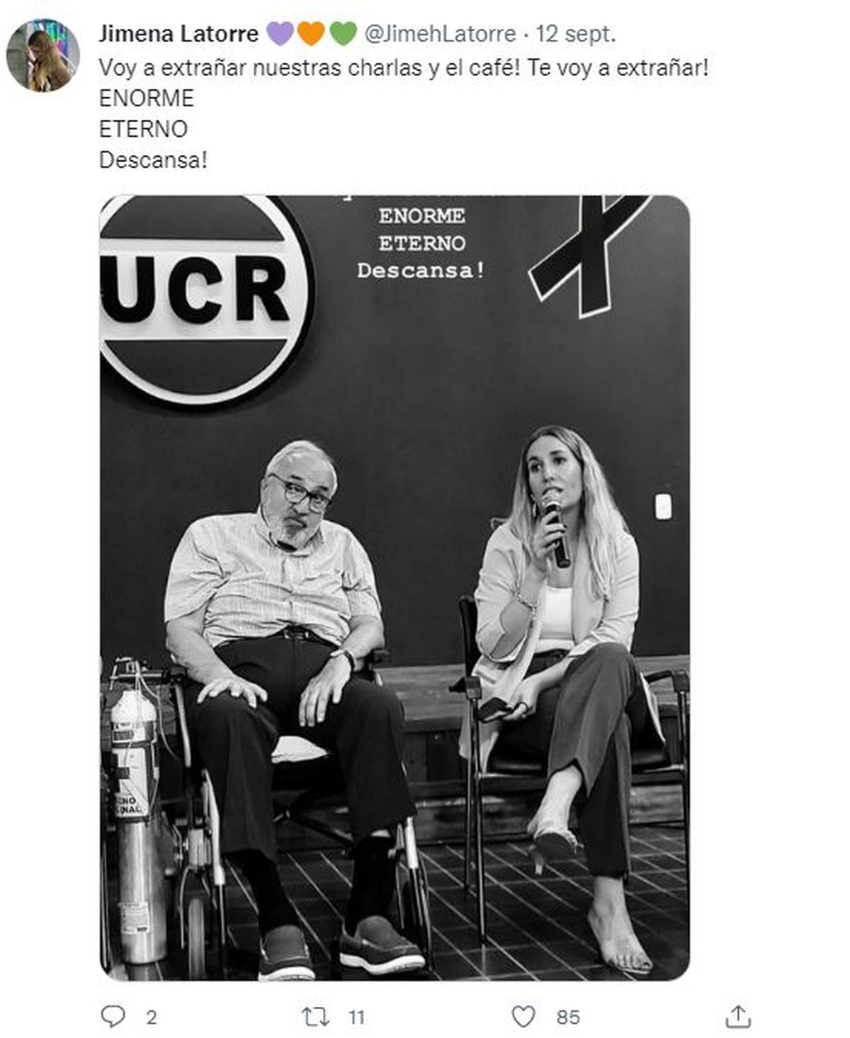 El tuit de Jimena Latorre recordando a Daniel Ostropolsky.