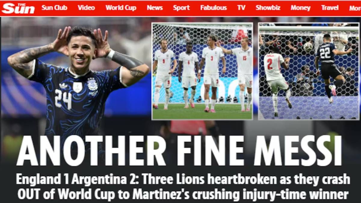La portada de The Sun luego de la victoria de la Selección Argentina por 2 a 1 contra Inglaterra.