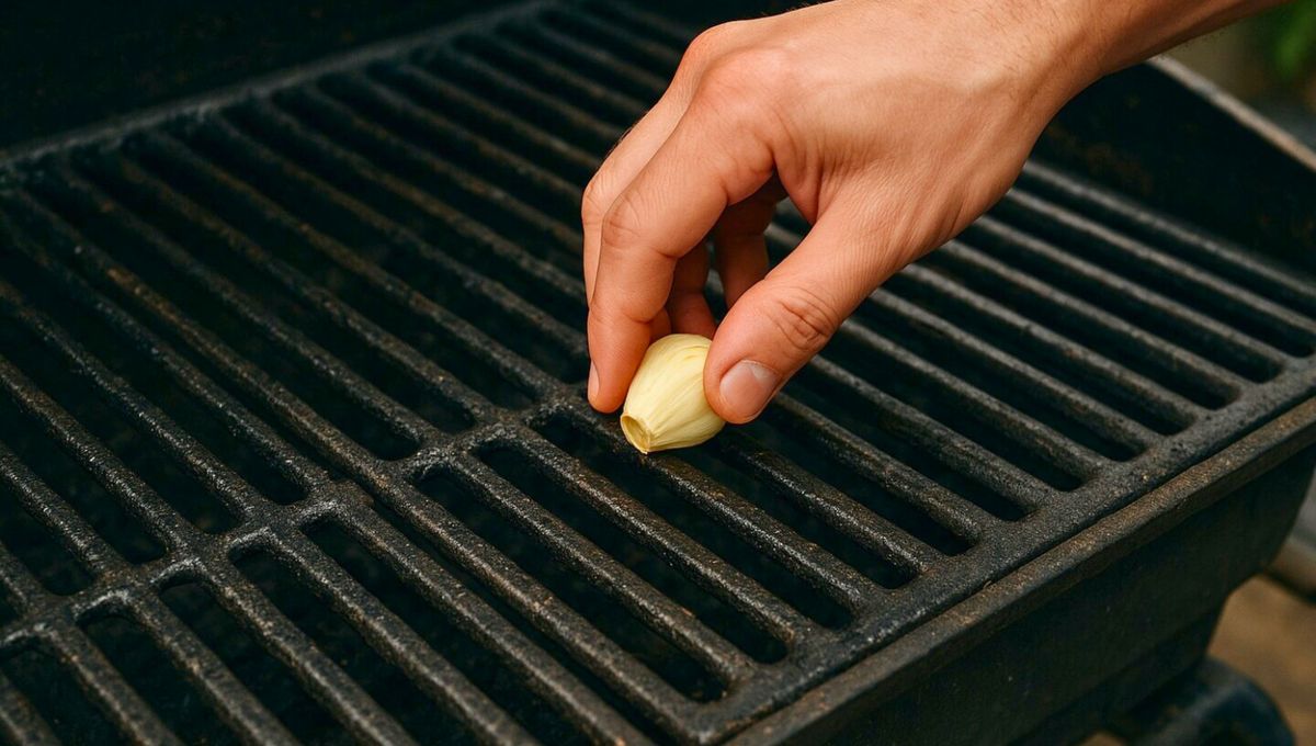 Frota el ajo por todas las partes de la parrilla hasta remover la grasa y los pegotes. Frota el ajo por todas las partes de la parrilla hasta remover la grasa y los pegotes. 