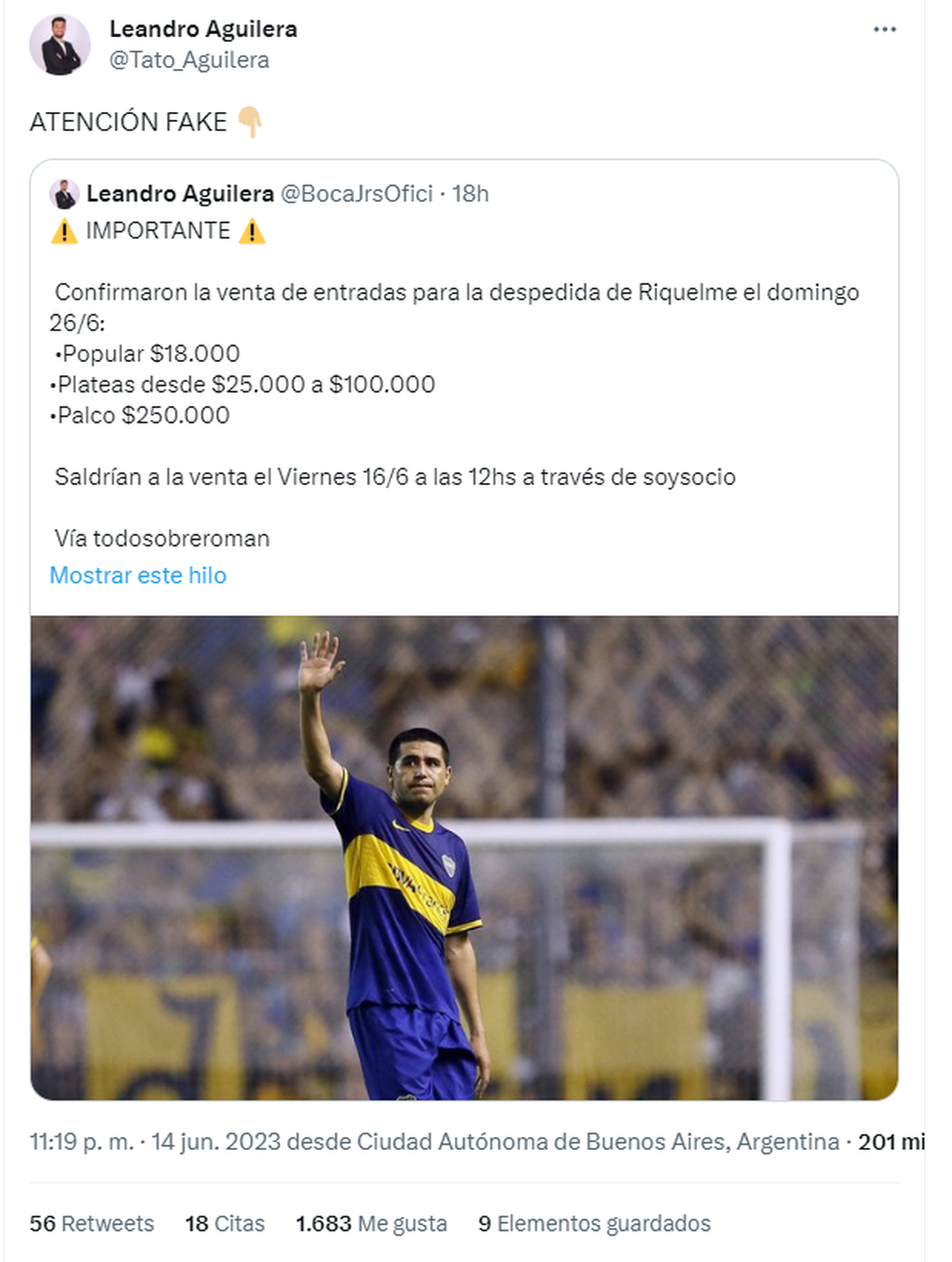 El posteo fake sobre el precio de las entradas para el partido despedida de Riquelme.