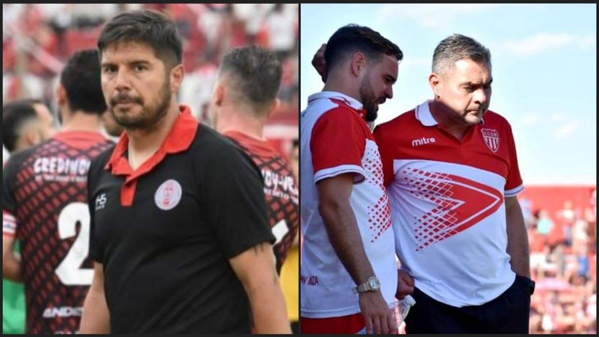 El entrenador de Huracán Las Heras, Alejandro Abaurre y el DT de San Martín, Sergio Toti Arias.