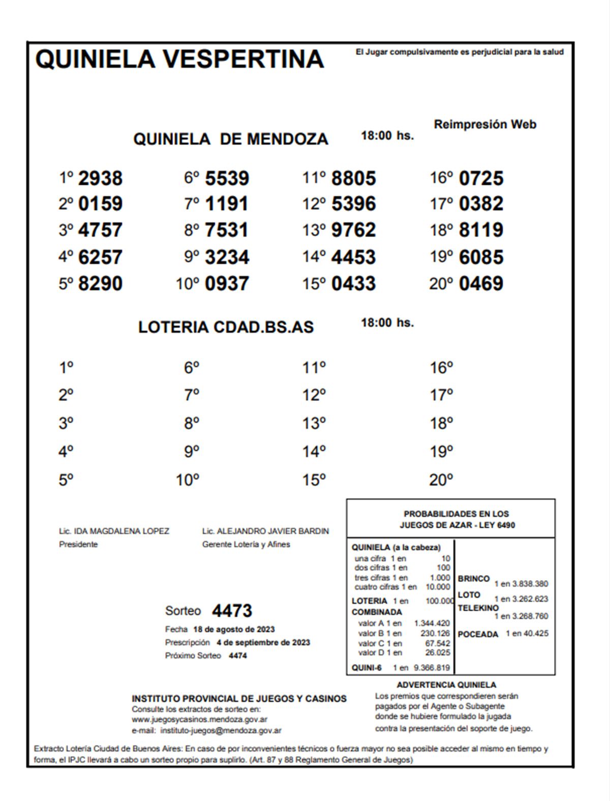Quiniela Vespertina de Mendoza del viernes 18 de agosto. Quiniela Vespertina de Mendoza del viernes 18 de agosto.