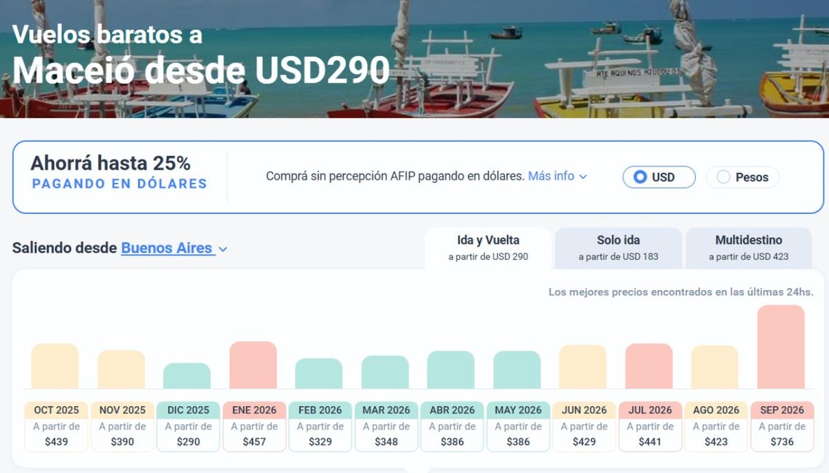 Precios de vuelos ida y vuelta a Maceió, Brasil. Imagen: Turismocity. Precios de vuelos ida y vuelta a Maceió, Brasil. Imagen: Turismocity.