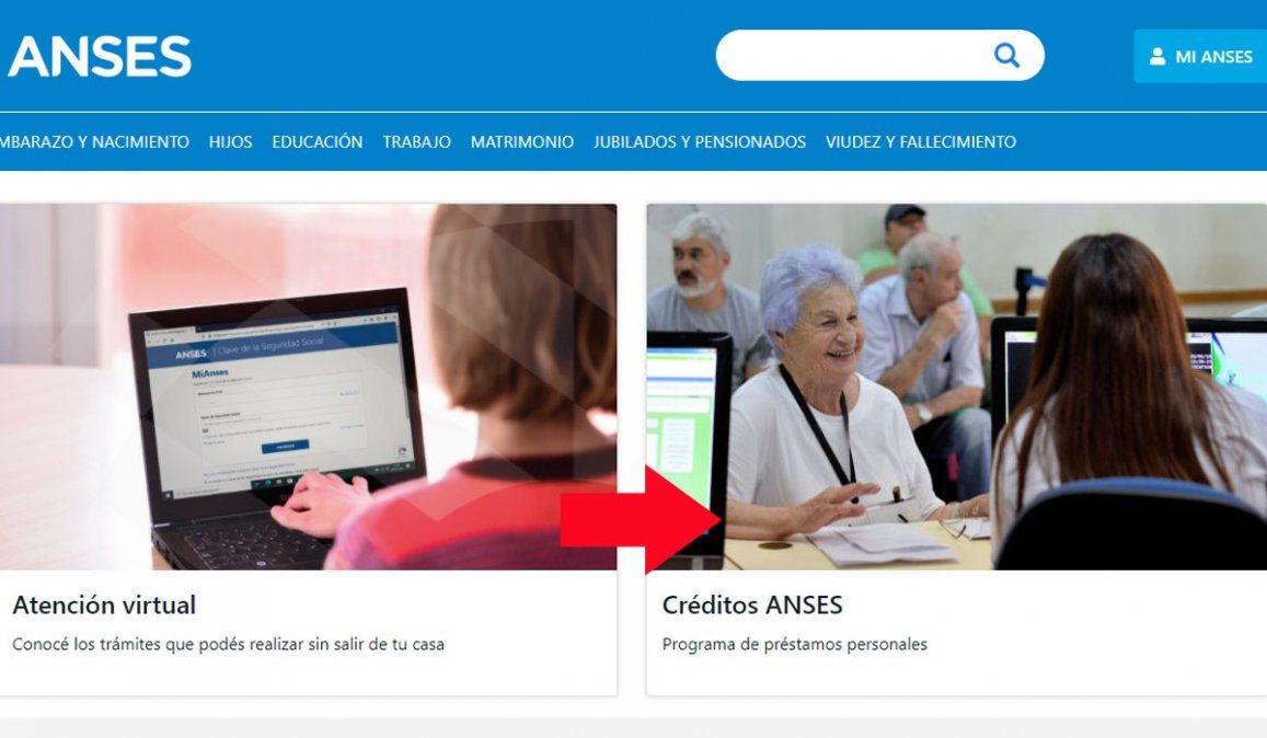 La página web ofrece las alternativas de los Créditos ANSES en la portada