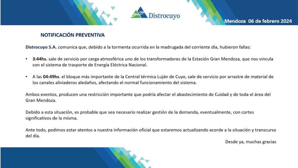 El comunicado de Distrocuyo sobre los posibles cortes de energía. El comunicado de Distrocuyo sobre los posibles cortes de energía.
