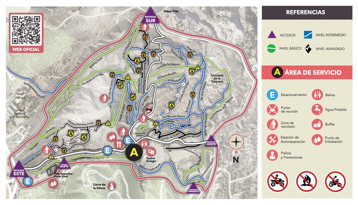 Mapa del Parque Deportivo de Montaña que consta de alrededor de 70 hectáreas y 4 kilómetros de perímetro, ubicado en la Ciudad de Mendoza.