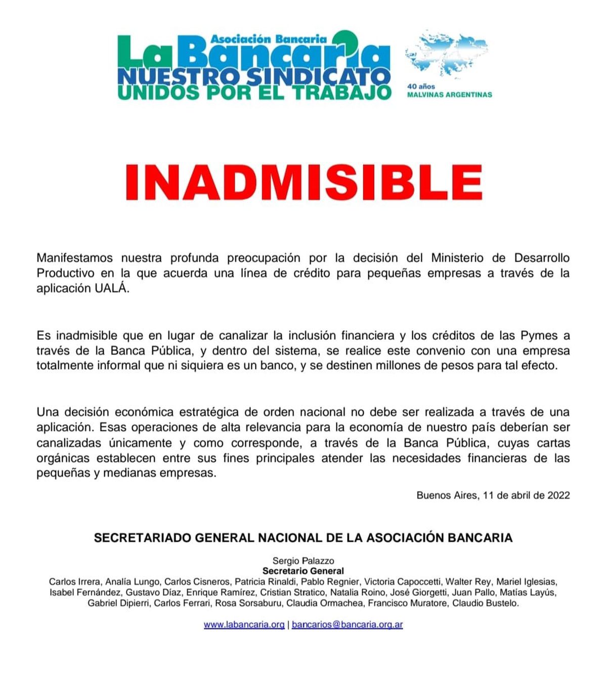 El comunicado de La Bancaria.