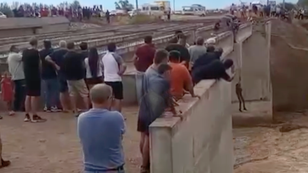Desesperante. Un hombre quedó colgado de los puentes de la Ruta 40 y casi cae al río Mendoza. Los espectadores seguían con atención la dramática secuencia. Desesperante. Un hombre quedó colgado de los puentes de la Ruta 40 y casi cae al río Mendoza. Los espectadores seguían con atención la dramática secuencia.