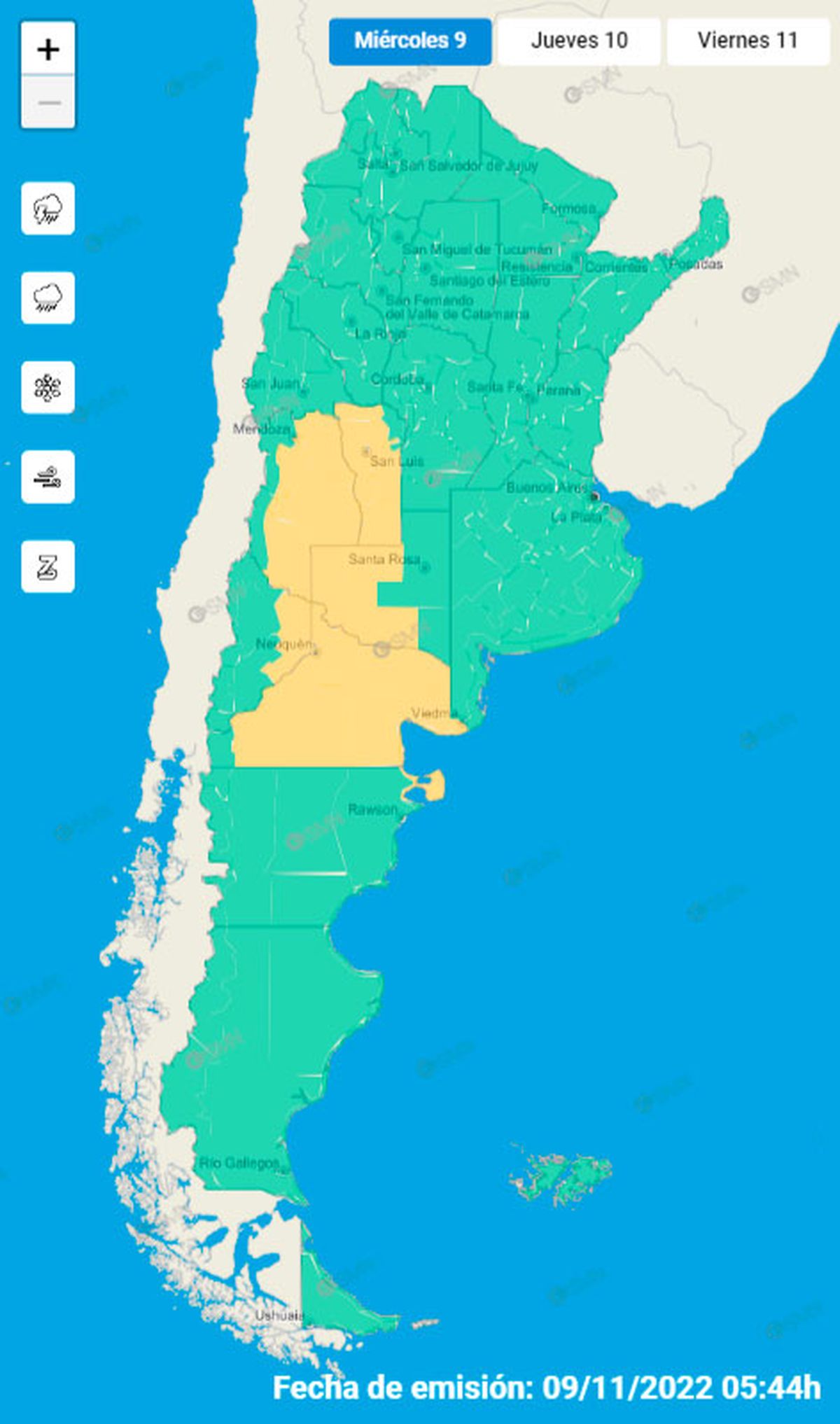 Mapa del Servicio Meteorológico Nacional con el sistema de alerta temprana.