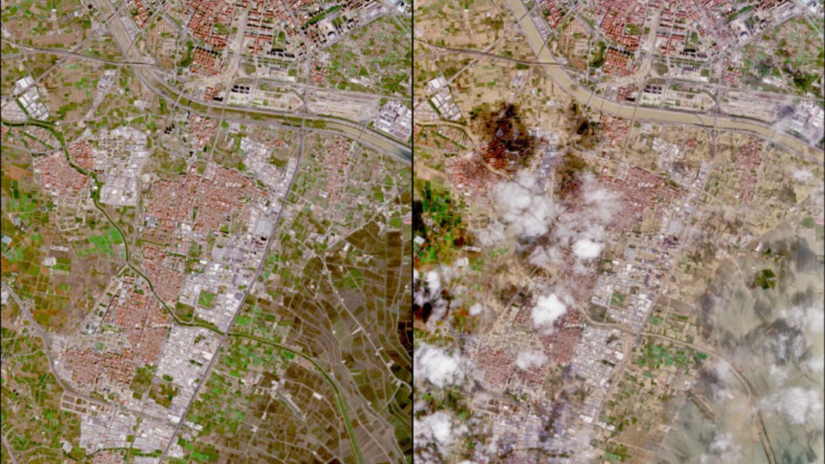 Una foto satelital de la NASA del antes y el después de Valencia. Una foto satelital de la NASA del antes y el después de Valencia.