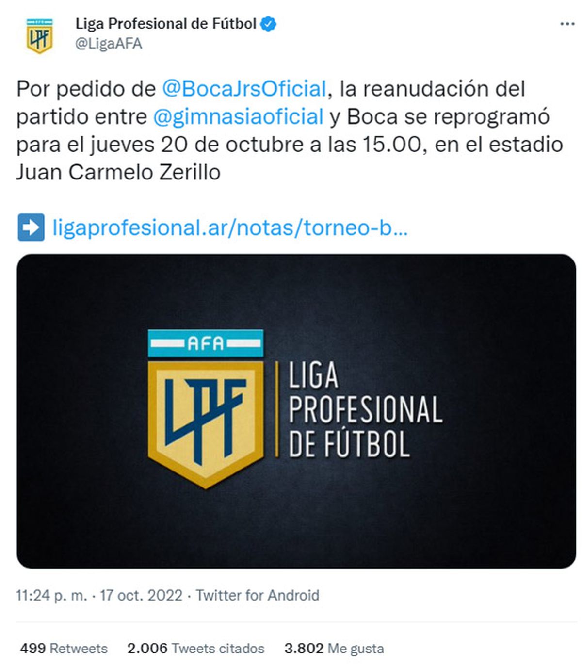 Comunicado de la Liga Profesional.