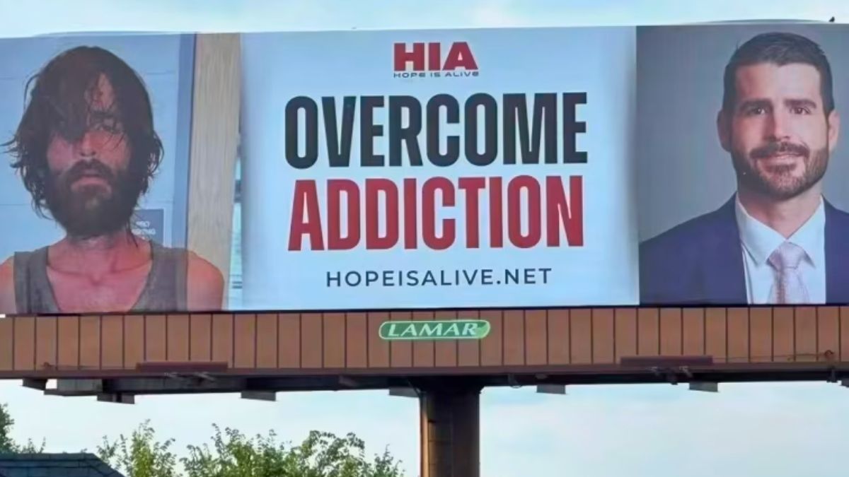 Una valla publicitaria en Oklahoma muestra la transformación de Danny Ellerd. Una valla publicitaria en Oklahoma muestra la transformación de Danny Ellerd.