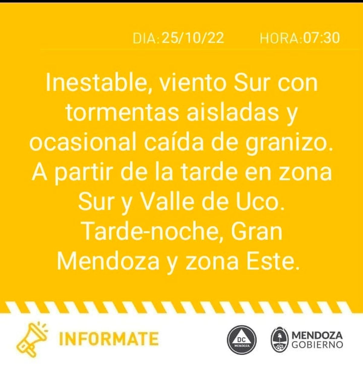 Defensa Civil emitió una alerta amarilla con ocasional caída de granizo en algunas zonas de Mendoza.