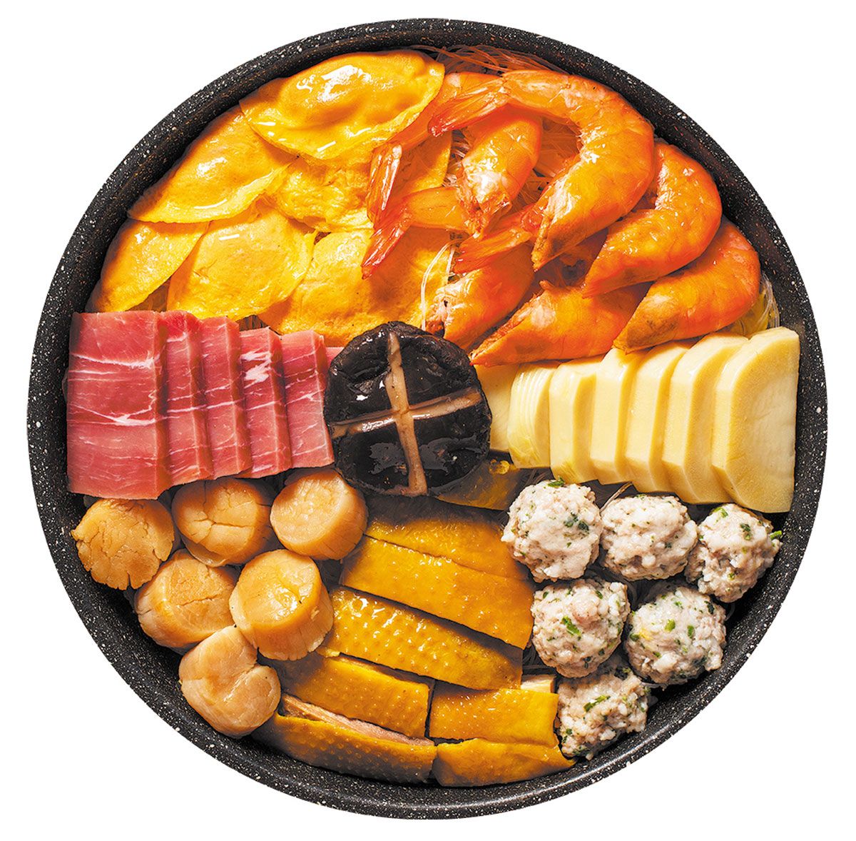 Poon choi, un festín de ingredientes especiales para las celebraciones del Año Nuevo chino, que suele presentar capas de mariscos, carne y verduras. PARA USO DE CHINA DAILY. Poon choi, un festín de ingredientes especiales para las celebraciones del Año Nuevo chino, que suele presentar capas de mariscos, carne y verduras. PARA USO DE CHINA DAILY.