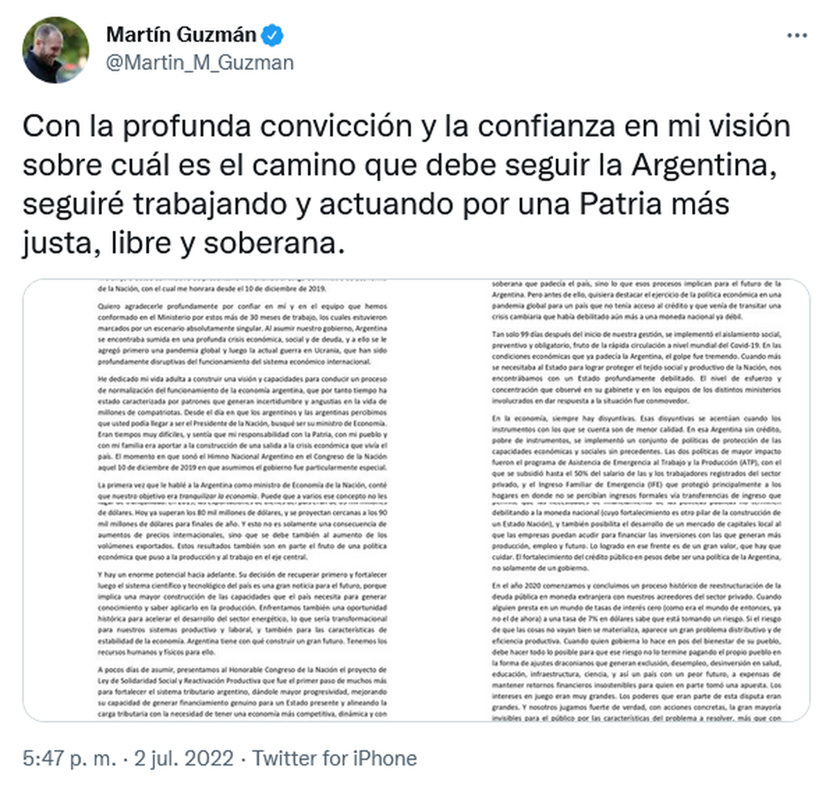 Martín Guzmán renunció por carta que mandó al Presidente y publicó en Twitter.