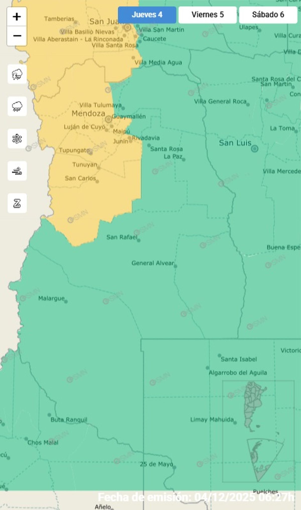 Fuertes tormentas llegan a la provincia de Mendoza.