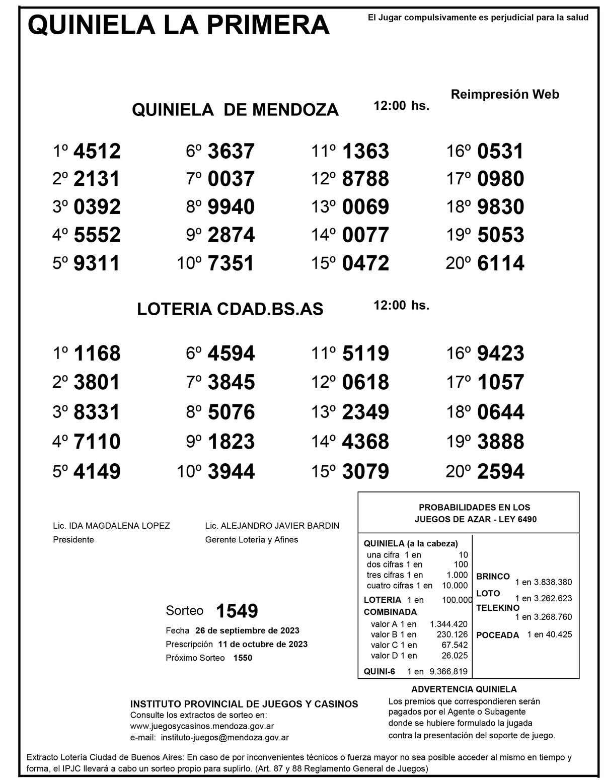 Extracto de la Quiniela de Mendoza en su edición la Primera del martes 26 de septiembre. Extracto de la Quiniela de Mendoza en su edición la Primera del martes 26 de septiembre.