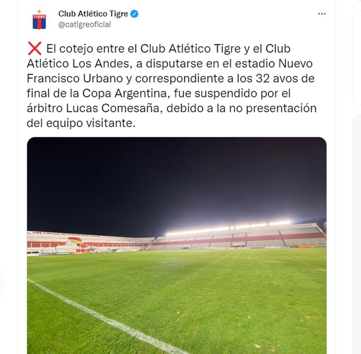 La publicación de Tigre habla de suspensión y no presentación del equipo visitante