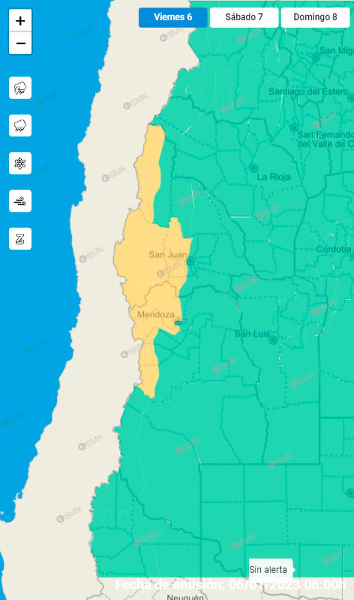Mapa del Servicio Meteorológico Nacional con alerta amarilla para una parte de Mendoza y San Juan.