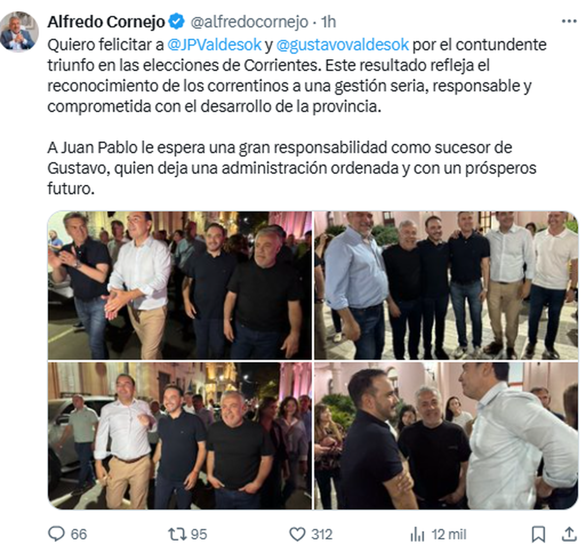 Posteo que realizó Alfredo Cornejo desde Corrientes, tras elecciones provinciales que le dieron el triunfo al radical, de Provincias Unidas, Juan Pablo Valdés. Posteo que realizó Alfredo Cornejo desde Corrientes, tras elecciones provinciales que le dieron el triunfo al radical, de Provincias Unidas, Juan Pablo Valdés.