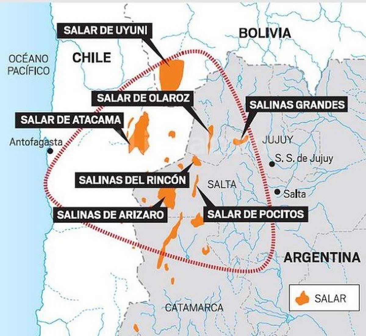 El llamado "triángulo del litio", compuesto por Bolivia, Chile y Argentina. El llamado "triángulo del litio", compuesto por Bolivia, Chile y Argentina.