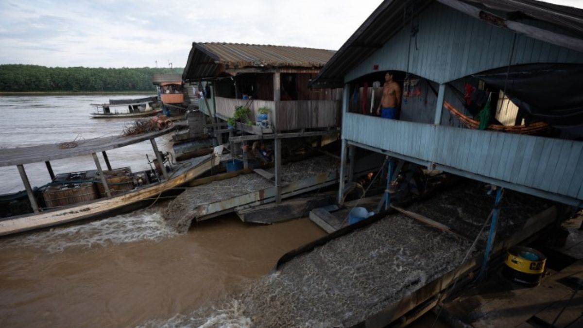 Balsas de extracción ilegal de oro en la Amazonía, en el río Madeira, estado de Rondônia, Brasil (Foto: Bruno Kelly / Amazônia Real, CC BY NC ND) Balsas de extracción ilegal de oro en la Amazonía, en el río Madeira, estado de Rondônia, Brasil (Foto: Bruno Kelly / Amazônia Real, CC BY NC ND)