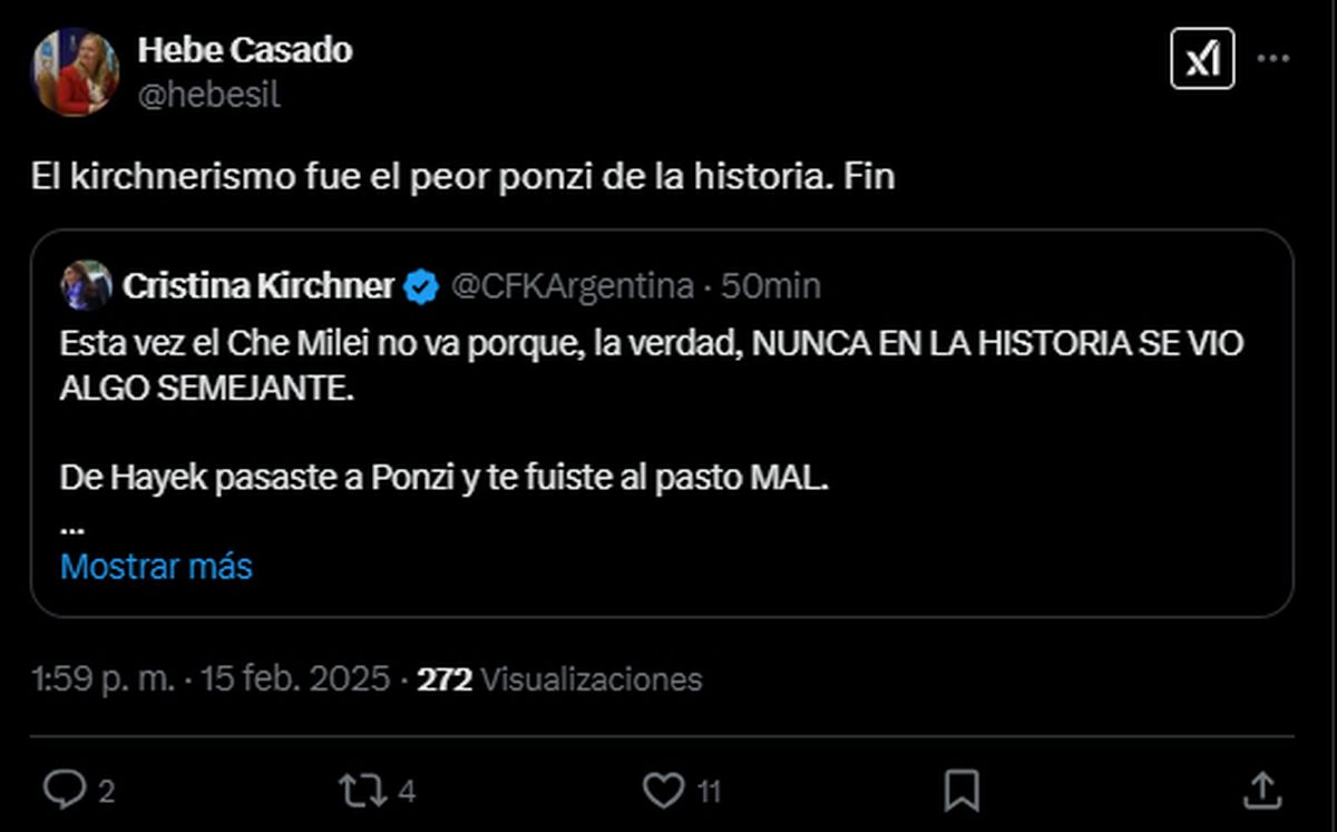 Hebe Casado no se quedó quieta en el escándalo cripto de Javier Milei. Hebe Casado no se quedó quieta en el escándalo cripto de Javier Milei.