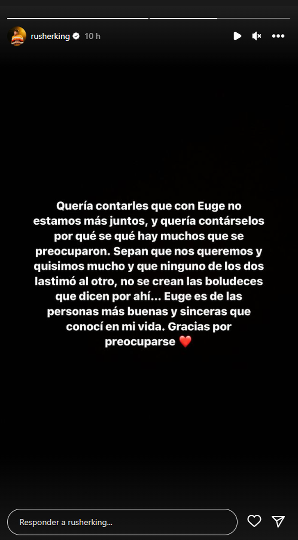 Rusherking negó que la ruptura con la China Suárez se diera por terceros.