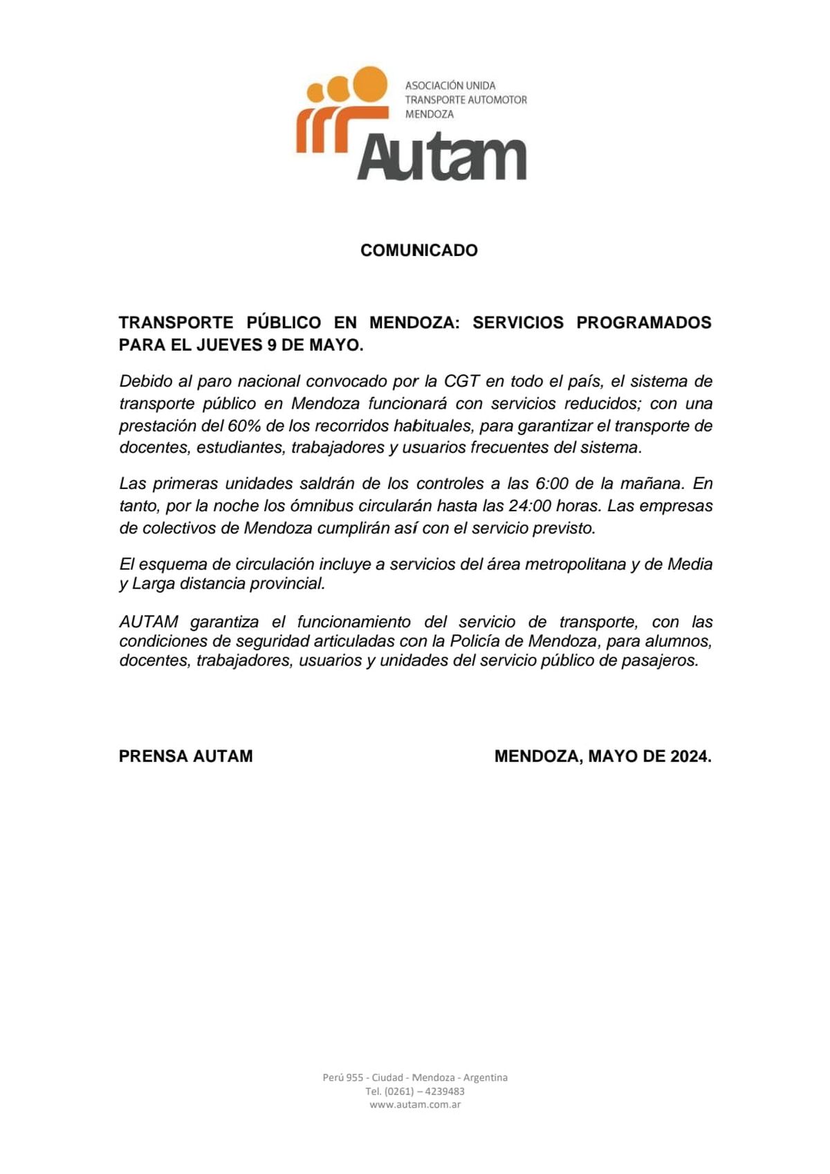 AUTAM afirmó que el transporte público funcionará al 60% el jueves por el paro general de la CGT