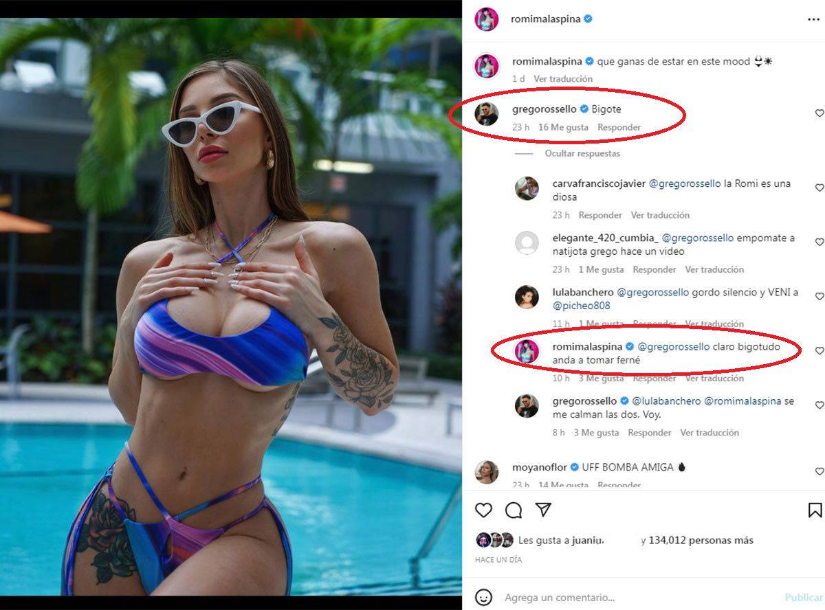 El ida y vuelta en los comentarios entre Romina Malaspina y Grego Rosello.